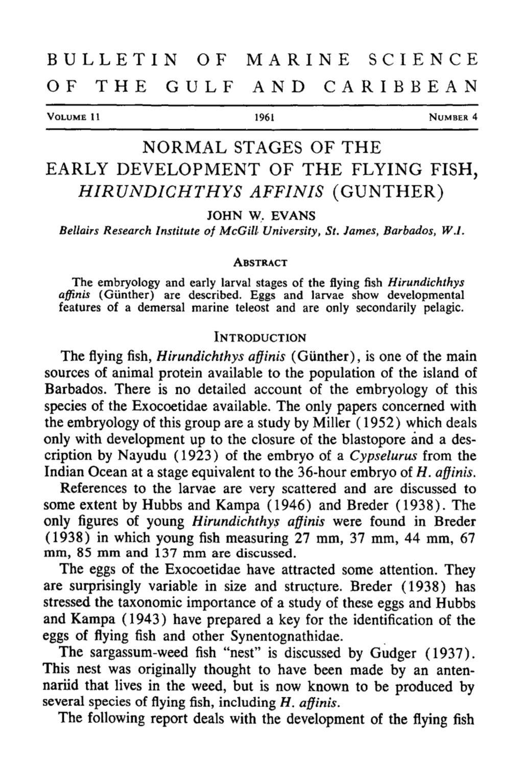 Normal Stages of the Early Development of the Flying Fish, <I