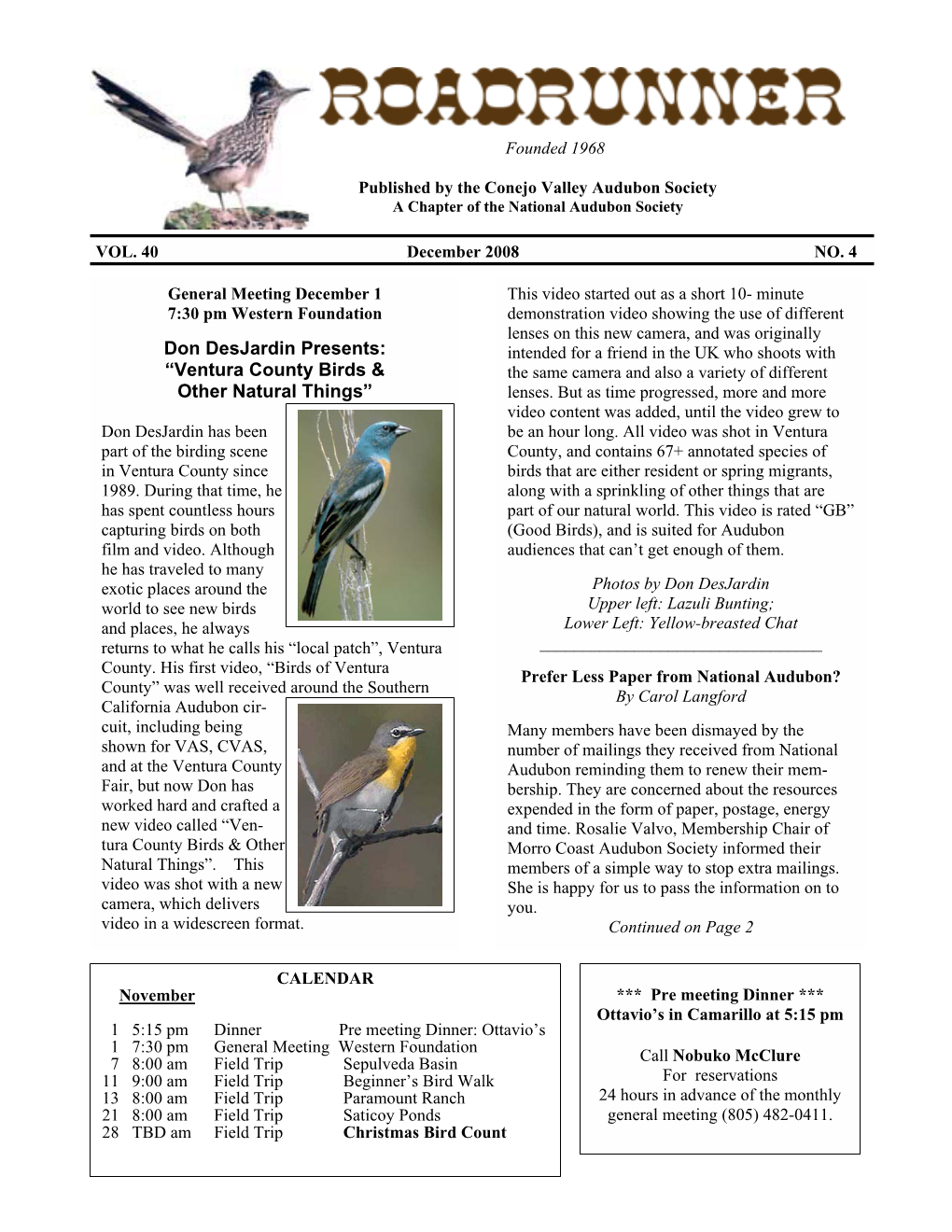Don Desjardin Presents: “Ventura County Birds & Other Natural Things”