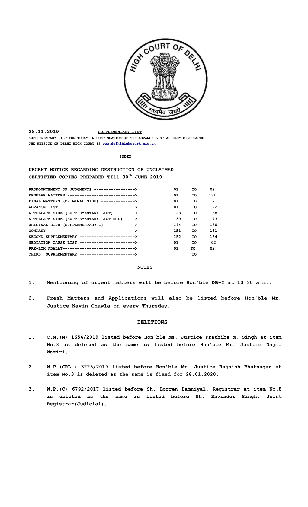 28.11.2019 Supplementary List Supplementary List for Today in Continuation of the Advance List Already Circulated