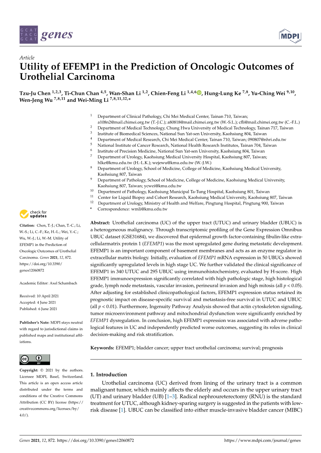 Utility of EFEMP1 in the Prediction of Oncologic Outcomes of Urothelial Carcinoma