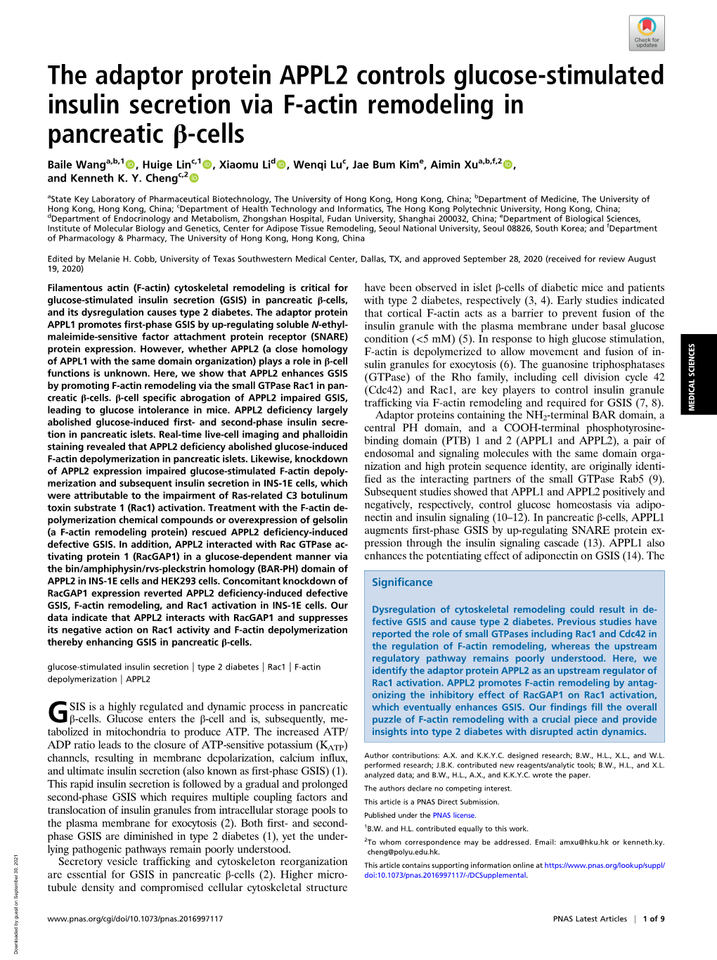 The Adaptor Protein APPL2 Controls Glucose-Stimulated Insulin Secretion Via F-Actin Remodeling in Pancreatic Β-Cells