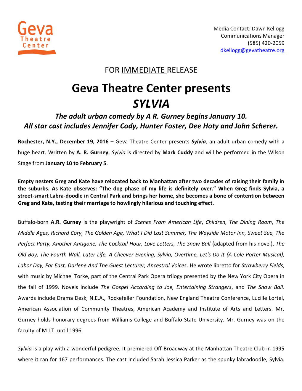 Geva Theatre Center Presents SYLVIA the Adult Urban Comedy by a R