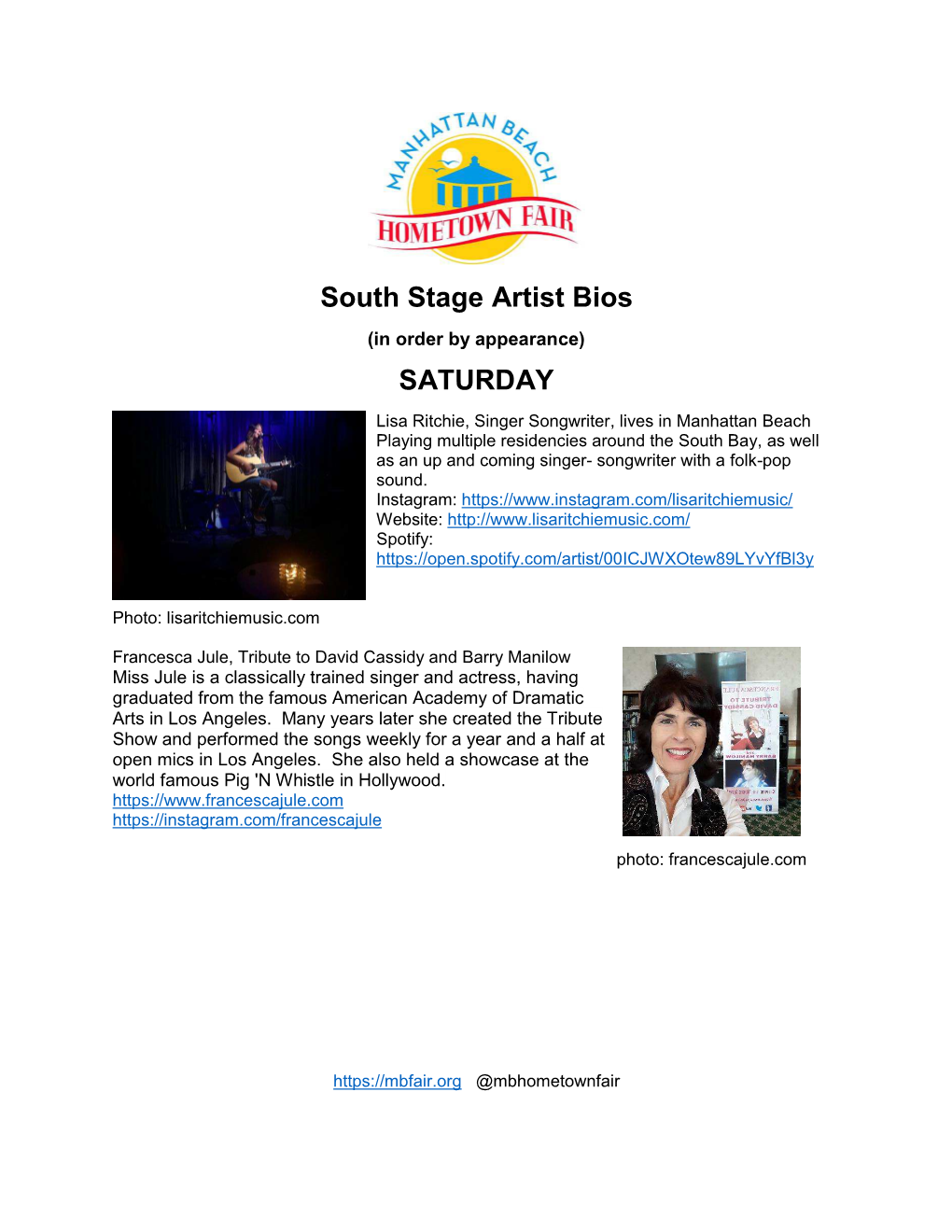 South Stage Artist Bios SATURDAY