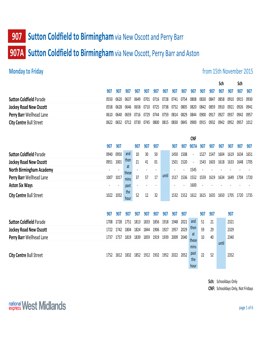 907 Sutton Coldfield to Birmingham Via New Oscott and Perry Barr