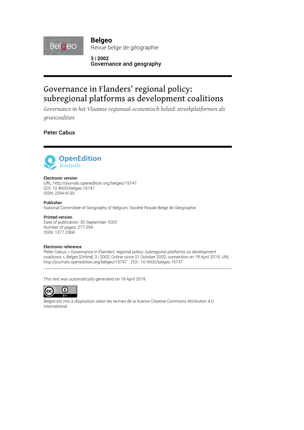 Subregional Platforms As Development Coalitions Governance in Het Vlaamse Regionaal-Economisch Beleid: Streekplatformen Als Groeicoalities