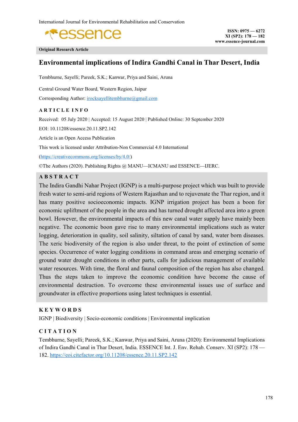 Environmental Implications of Indira Gandhi Canal in Thar Desert, India