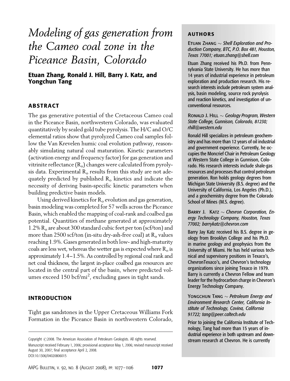 Modeling of Gas Generation from the Cameo Coal Zone in the Piceance