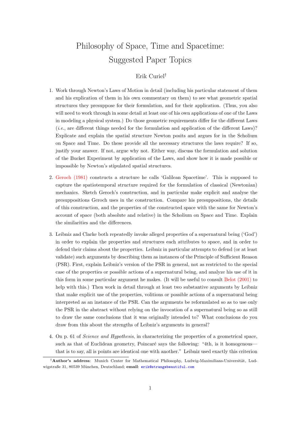 Philosophy of Space, Time and Spacetime: Suggested Paper Topics