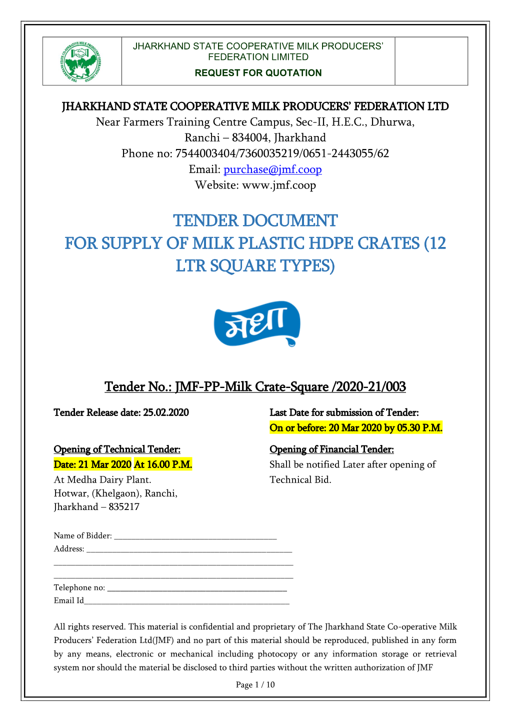 Tender Document for Supply of Milk Plastic Hdpe Crates (12 Ltr Square Types)