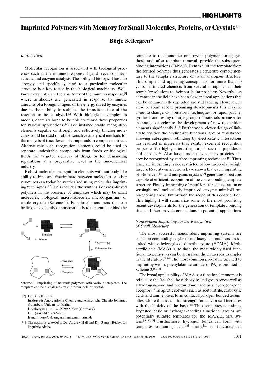 Imprinted Polymers with Memory for Small Molecules, Proteins, Or Crystals**