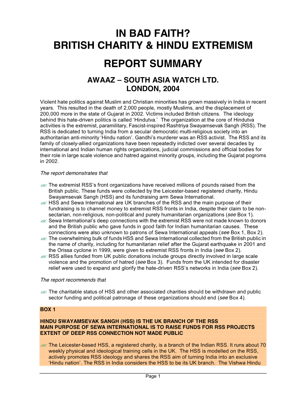 British Charity & Hindu Extremism Report Summary