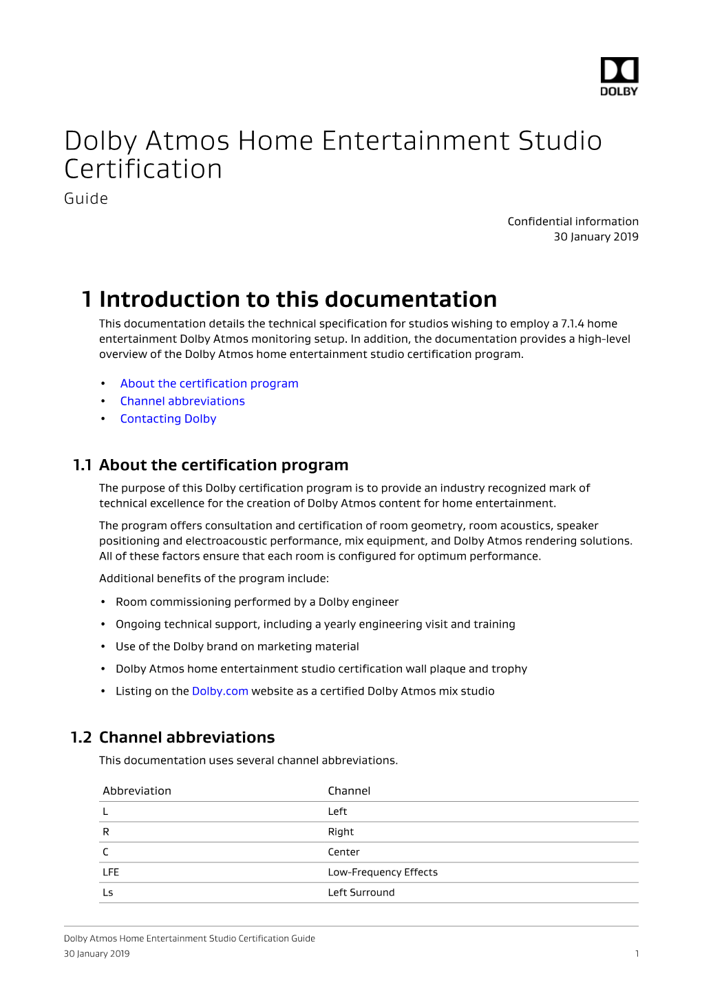 Dolby Atmos Home Entertainment Studio Certification Guide Confidential Information 30 January 2019
