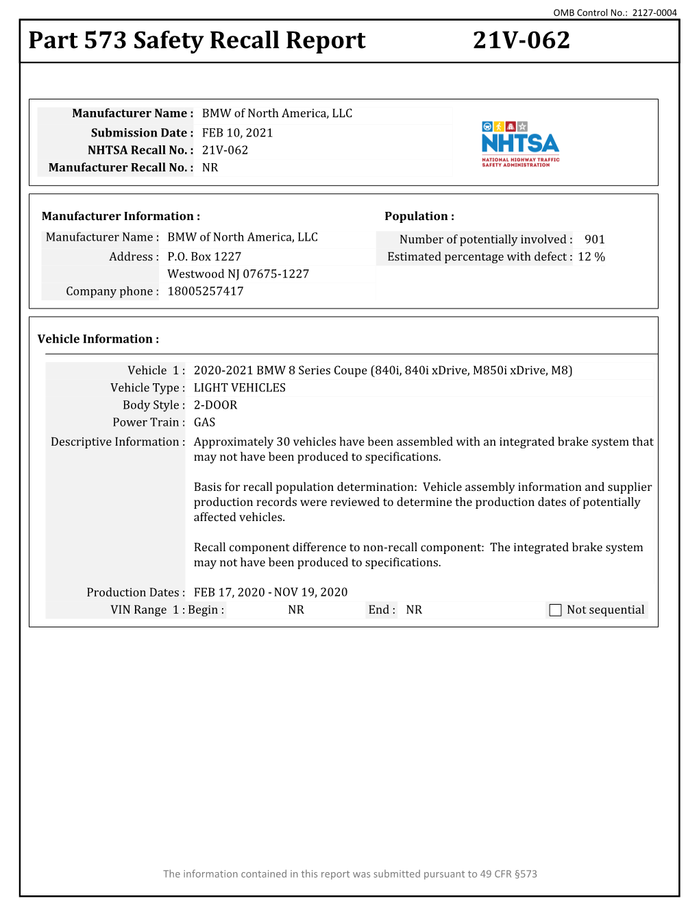 Part 573 Safety Recall Report 21V-062