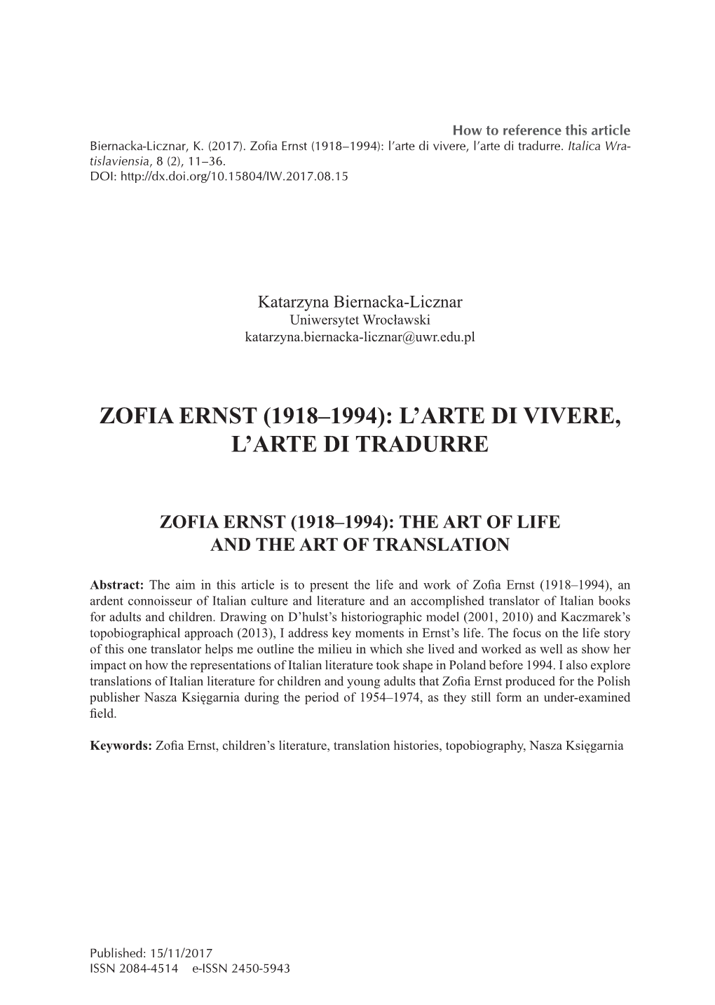 Zofia Ernst (1918–1994): L’Arte Di Vivere, L’Arte Di Tradurre