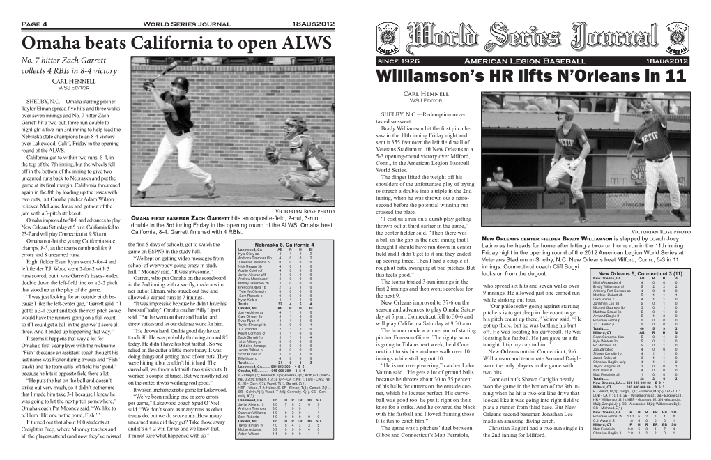 World Series Journal 18Aug2012 Omaha Beats California to Open ALWS Worldworld Seriesseries Journaljournal No