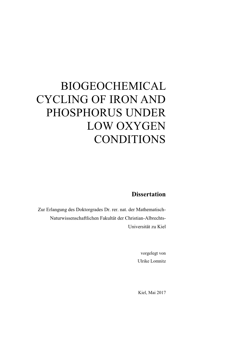 Biogeochemical Cycling of Iron and Phosphorus Under Low Oxygen Conditions