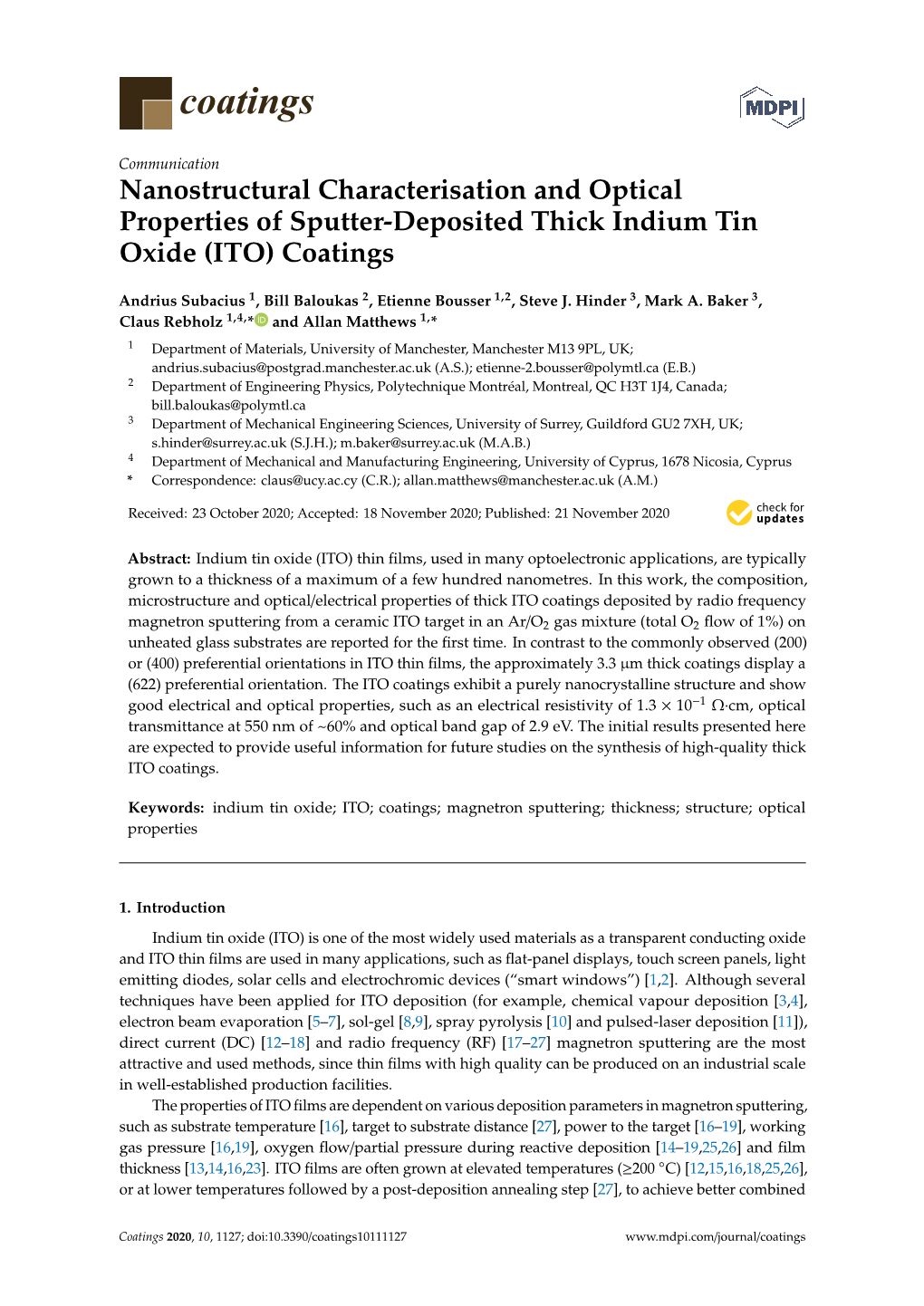 Nanostructural Characterisation and Optical Properties of Sputter-Deposited Thick Indium Tin Oxide (ITO) Coatings