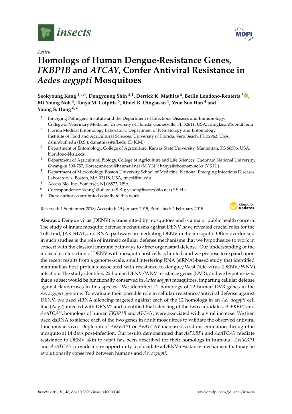 Homologs of Human Dengue-Resistance Genes, FKBP1B and ATCAY, Confer Antiviral Resistance in Aedes Aegypti Mosquitoes