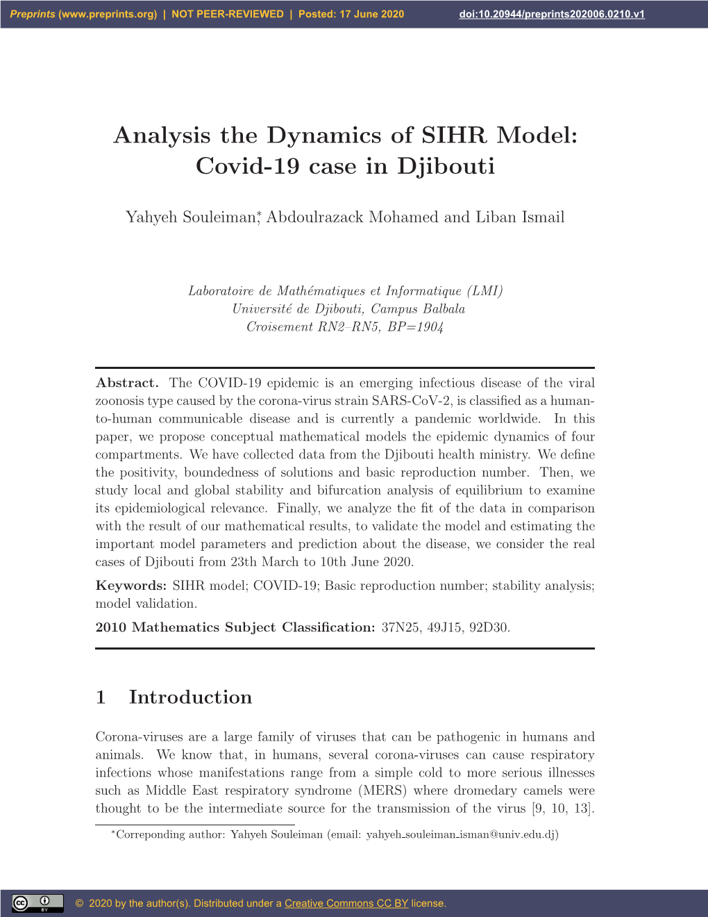 Analysis the Dynamics of SIHR Model: Covid-19 Case in Djibouti