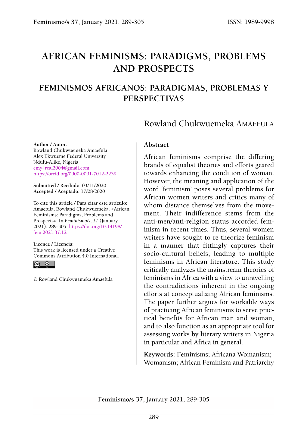 African Feminisms: Paradigms, Problems and Prospects