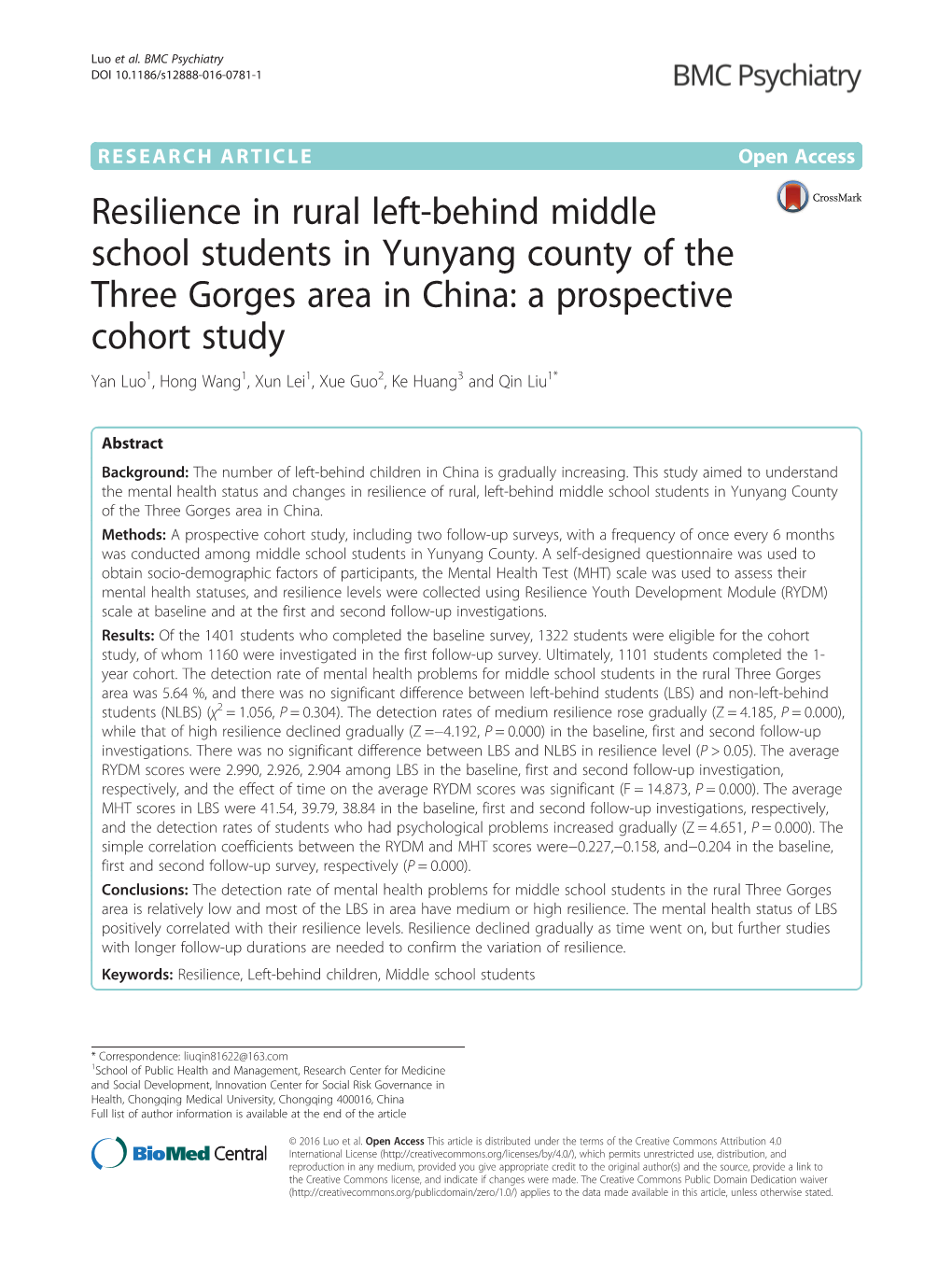 Resilience in Rural Left-Behind Middle School Students In