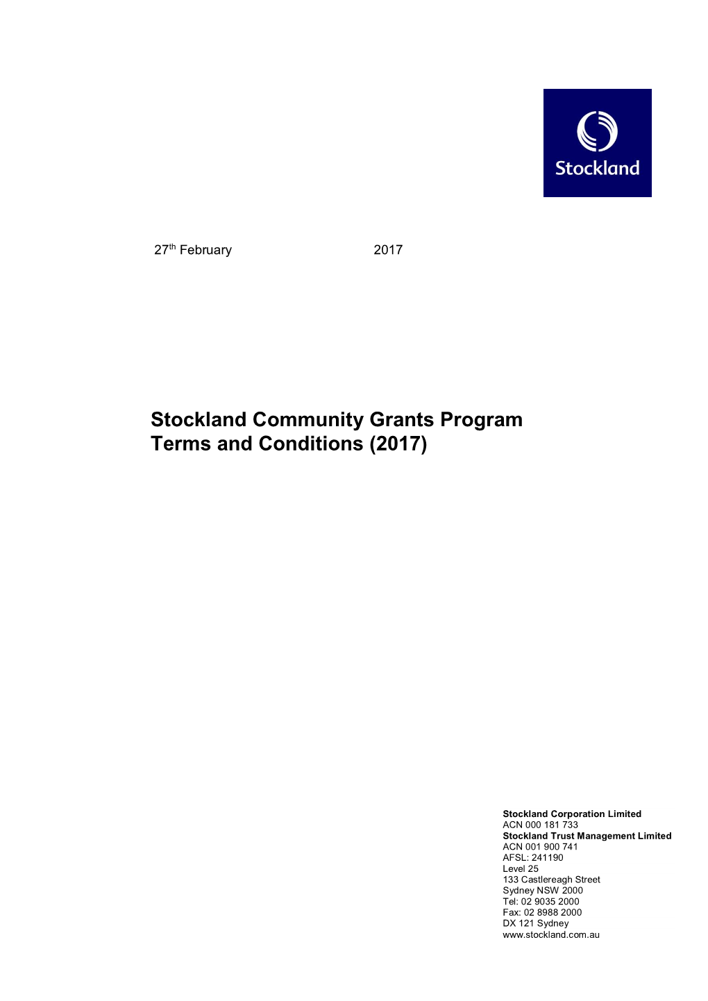 Stockland Community Grants Program Terms and Conditions (2017)