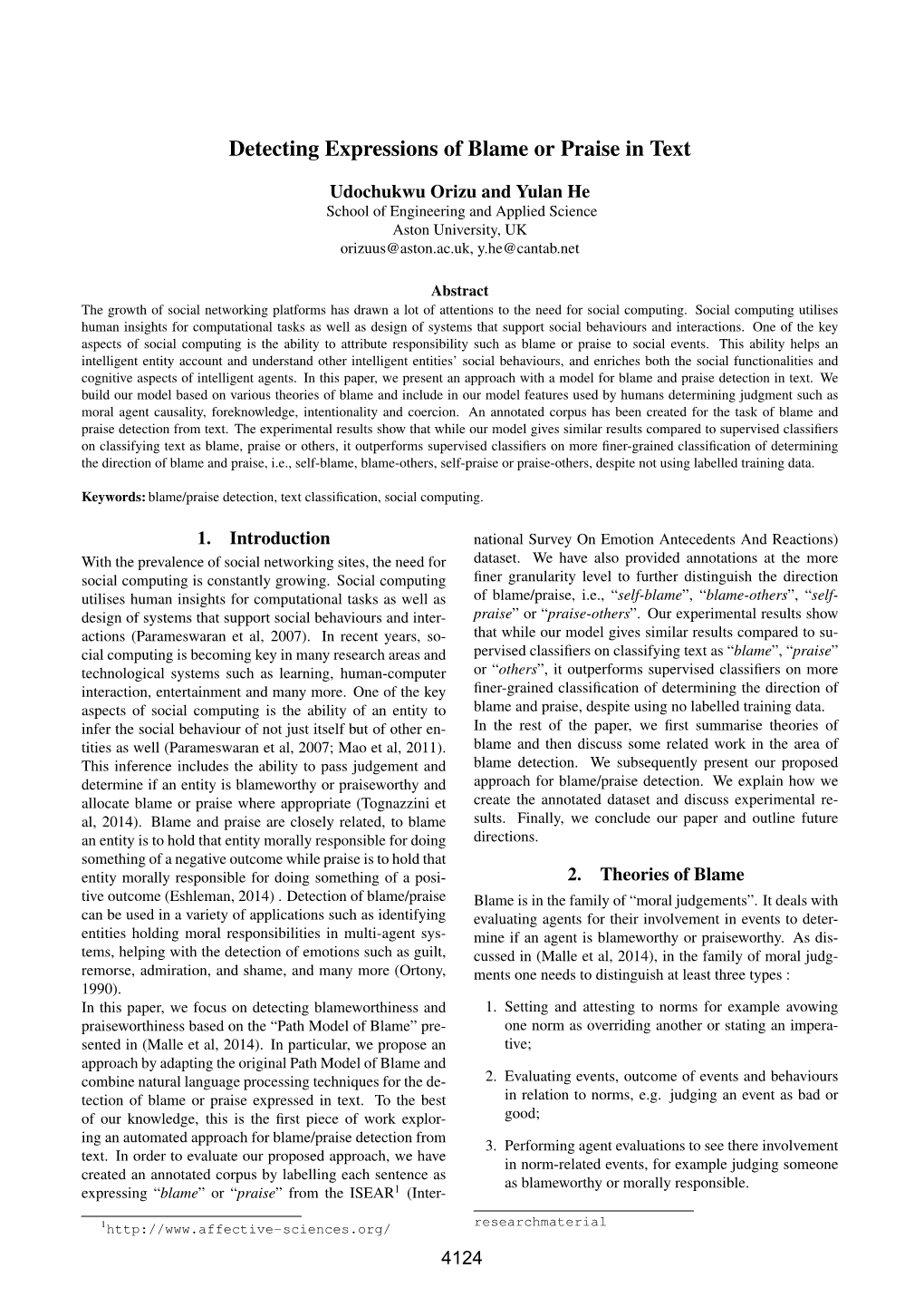 Detecting Expressions of Blame Or Praise in Text