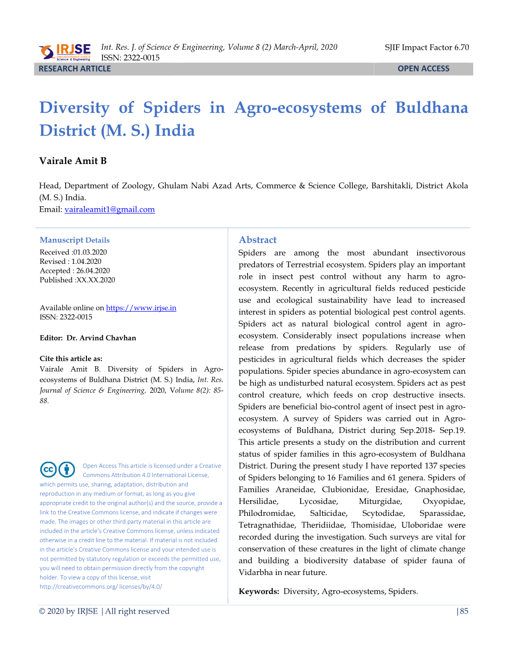 Diversity of Spiders in Agro-Ecosystems of Buldhana District (M