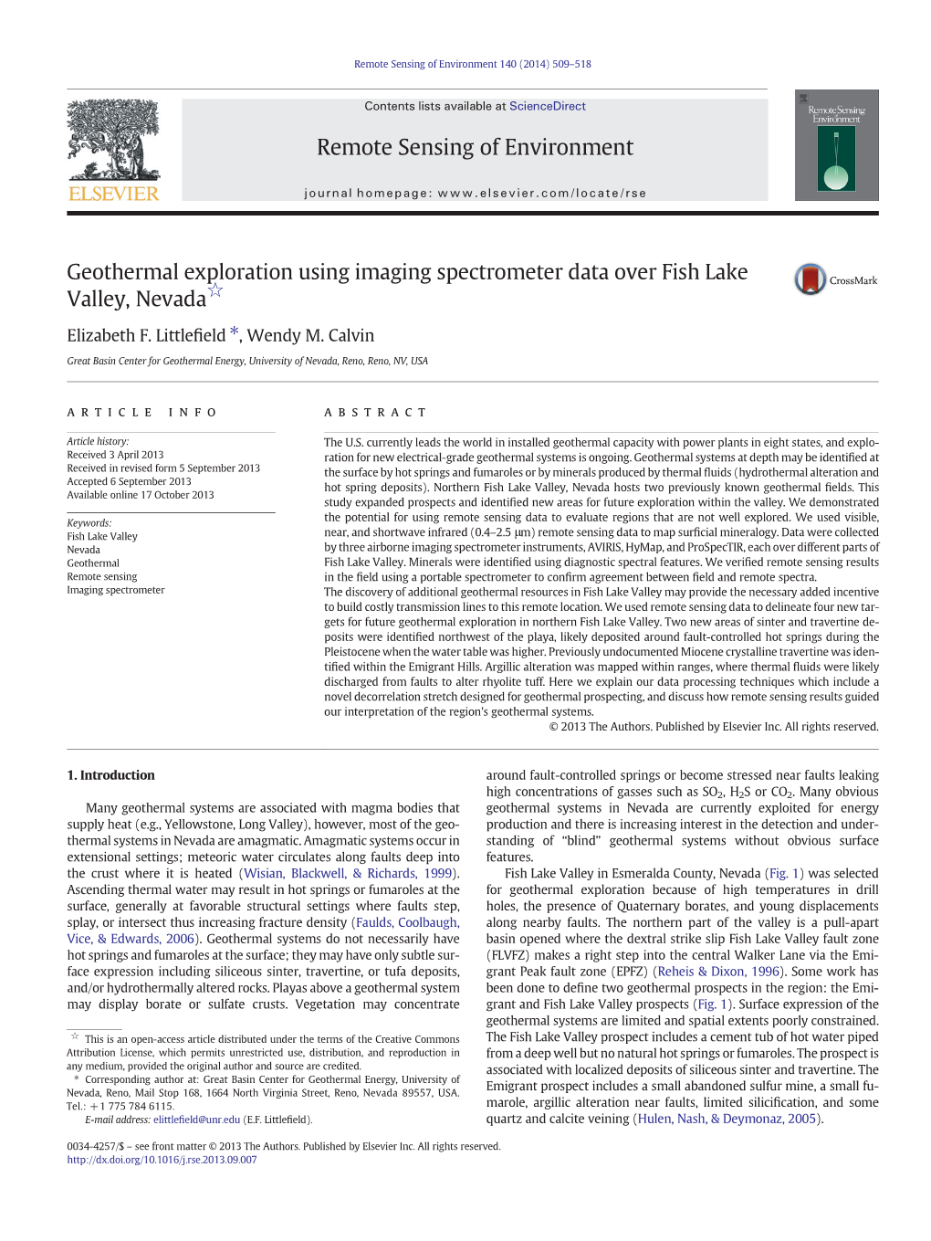 Geothermal Exploration Using Imaging Spectrometer Data Over Fish Lake Valley, Nevada☆