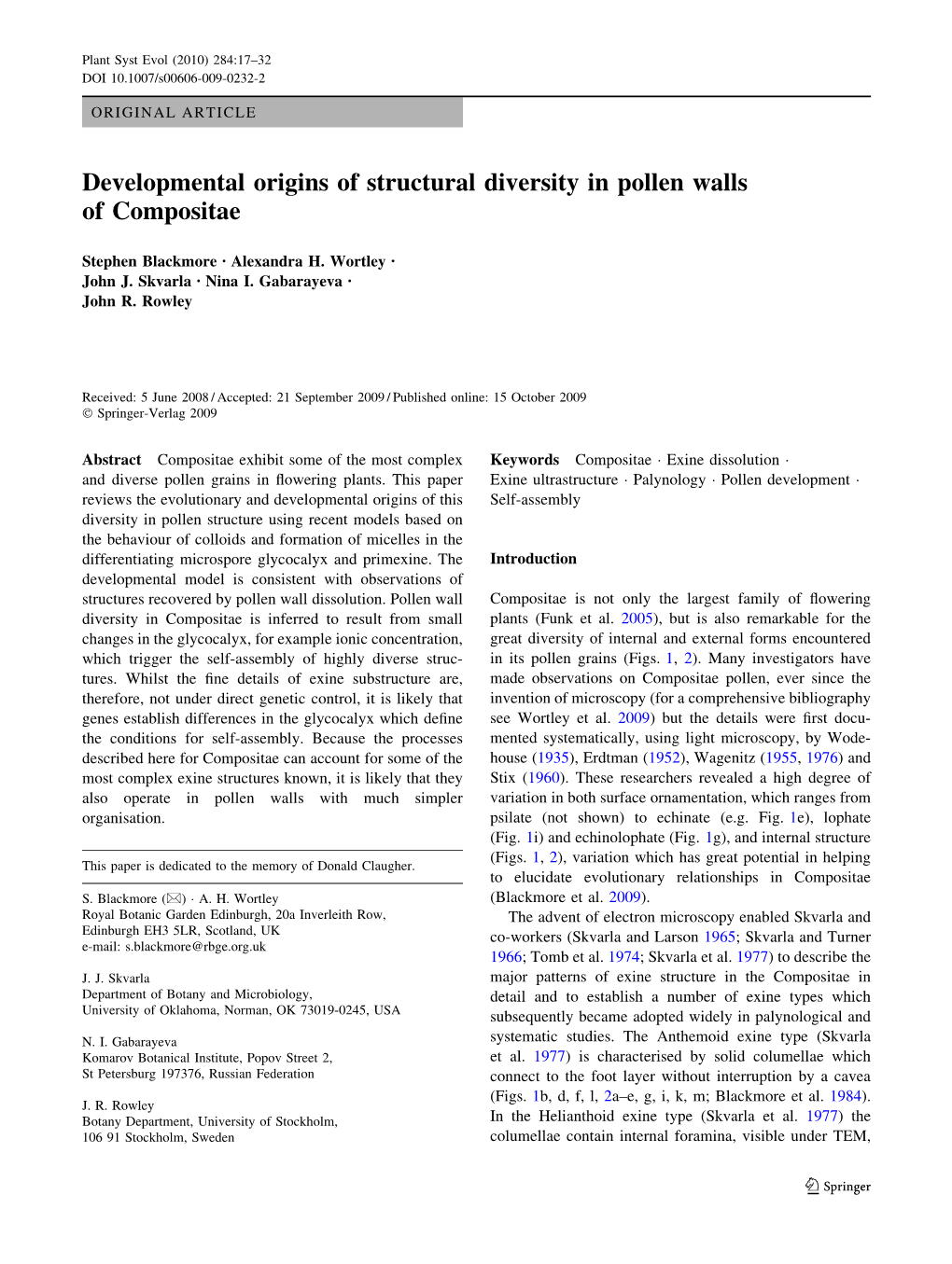 Developmental Origins of Structural Diversity in Pollen Walls of Compositae