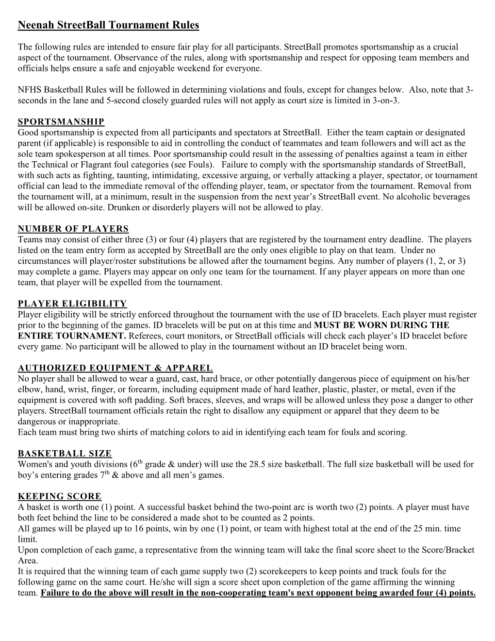 Neenah Streetball Tournament Rules