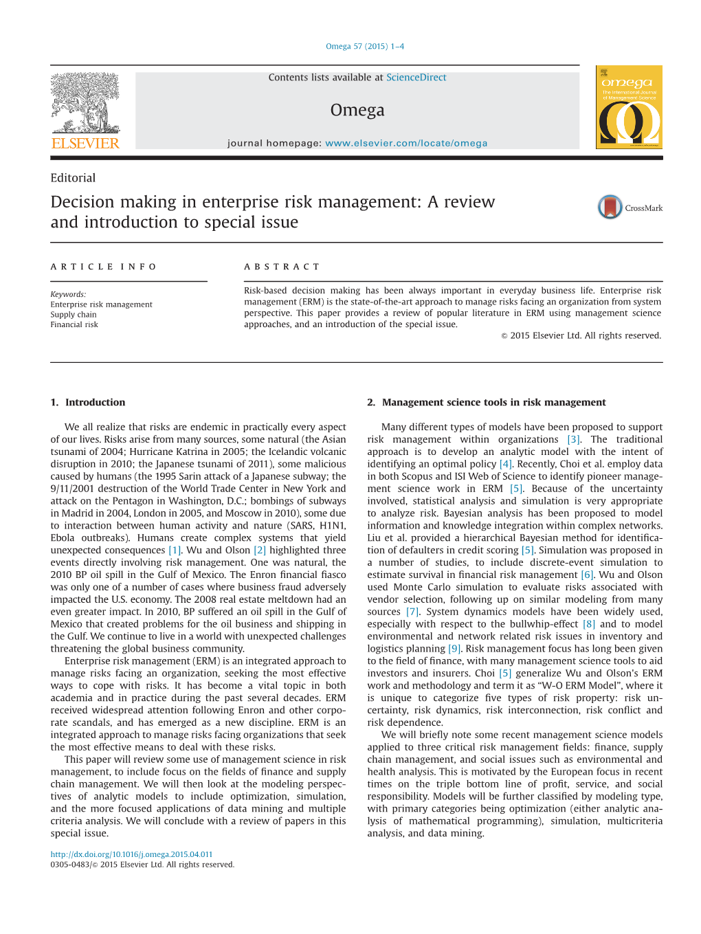 Decision Making in Enterprise Risk Management a Review And