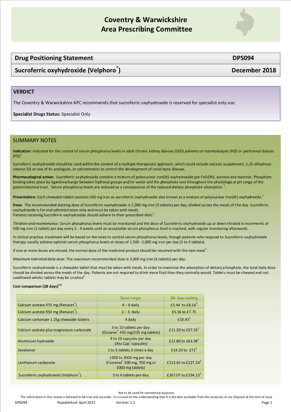 Drug Positioning Statement DPS094 Sucroferric Oxyhydroxide (Velphoro®) December 2018