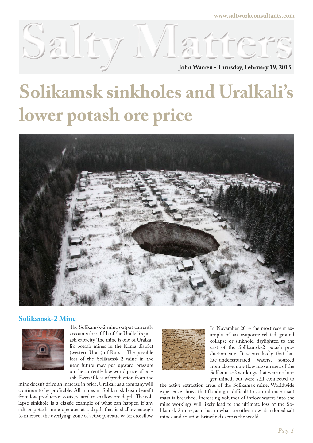 Solikamsk Sinkholes and Uralkali's Lower Potash Ore Price