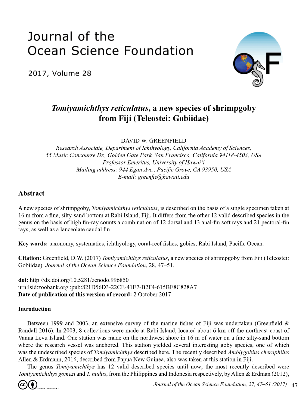 Tomiyamichthys Reticulatus, a New Species of Shrimpgoby from Fiji (Teleostei: Gobiidae)