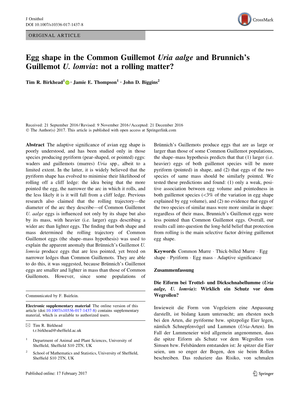 Egg Shape in the Common Guillemot Uria Aalge and Brunnich's Guillemot U. Lomvia: Not a Rolling Matter?