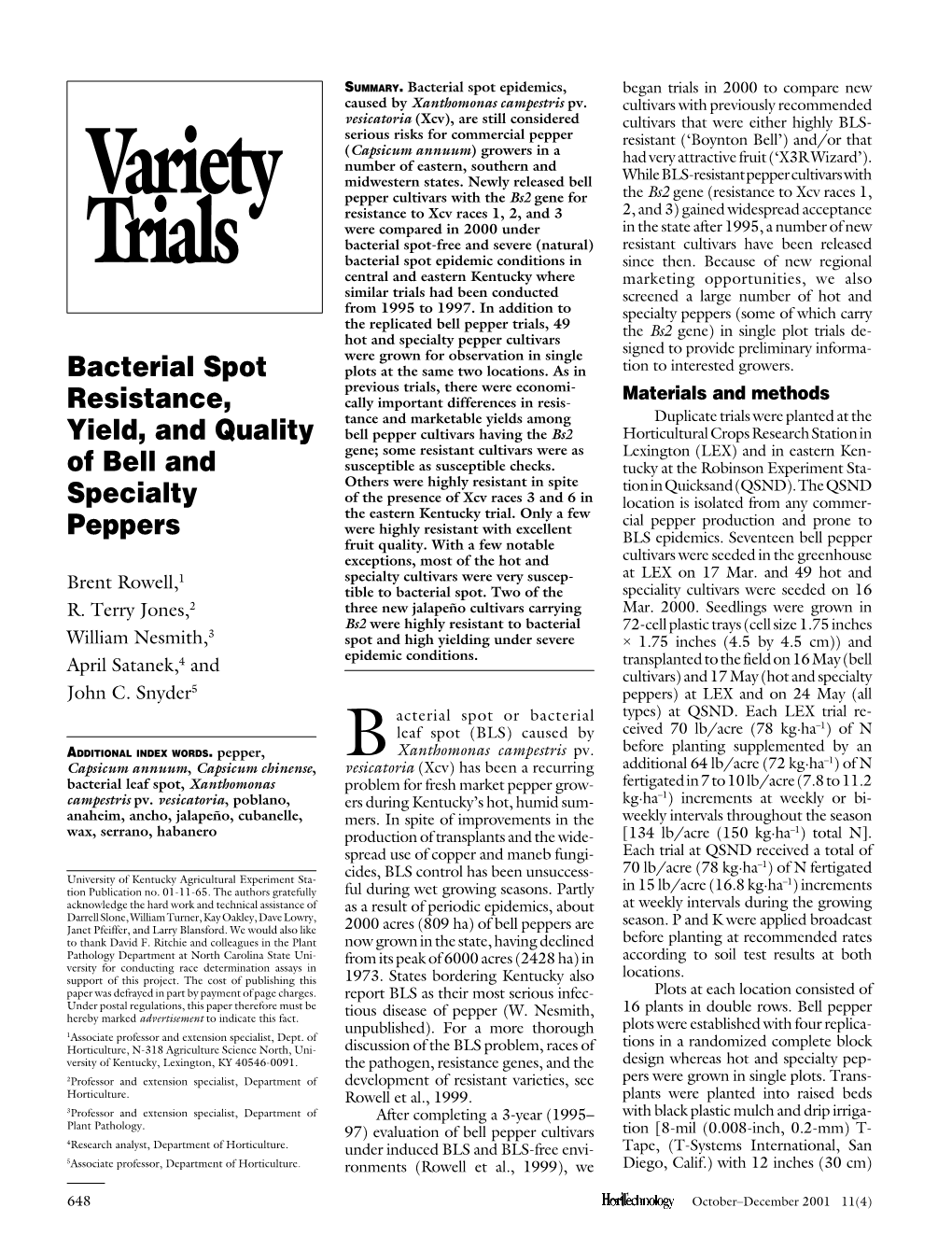 Bacterial Spot Resistance, Yield, and Quality of Bell and Specialty Peppers