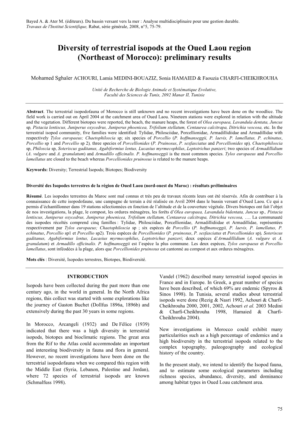 Diversity of Terrestrial Isopods at the Oued Laou Region (Northeast of Morocco): Preliminary Results