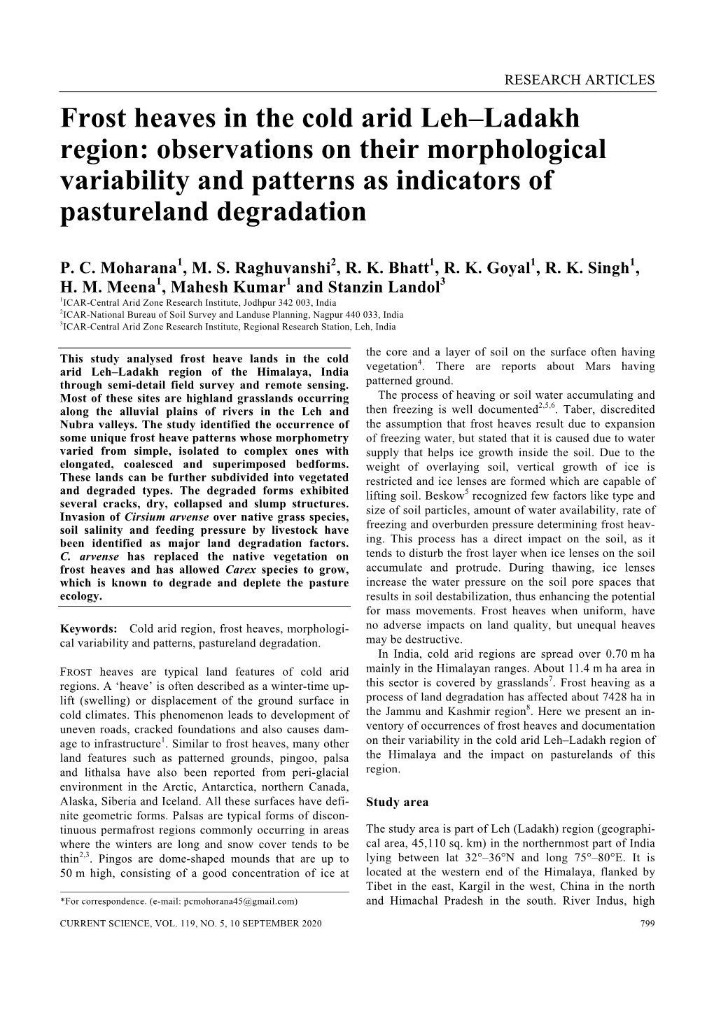 Frost Heaves in the Cold Arid Leh–Ladakh Region: Observations on Their Morphological Variability and Patterns As Indicators of Pastureland Degradation