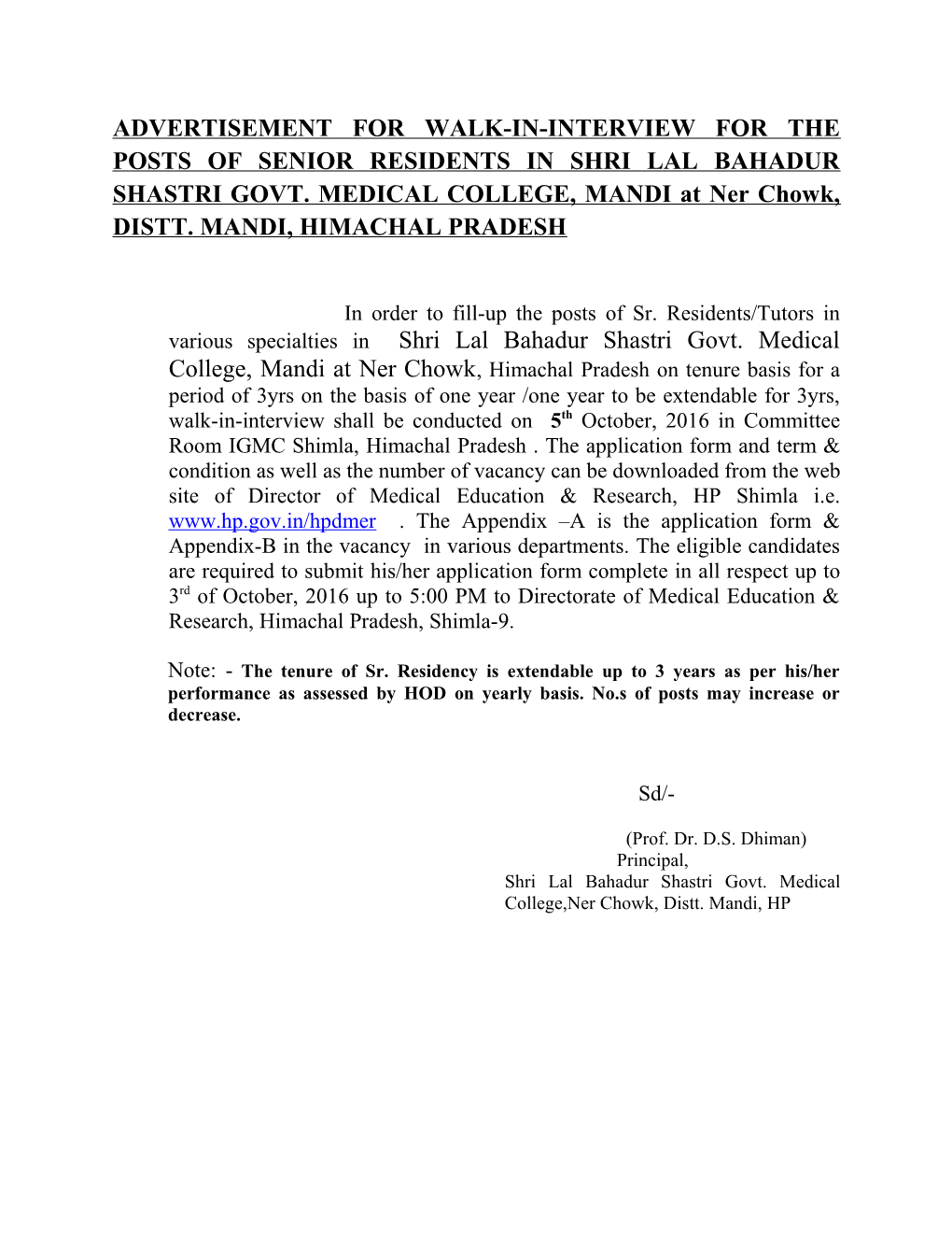 Advertisement for Walk-In-Interview for the Posts of Senior Residents in Shri Lal Bahadur