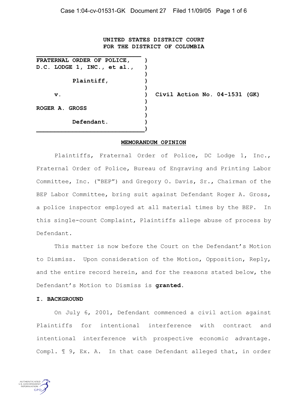 Case 1:04-Cv-01531-GK Document 27 Filed 11/09/05 Page 1 of 6