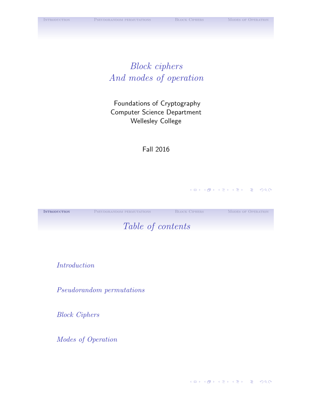 Block Ciphers and Modes of Operation Table of Contents