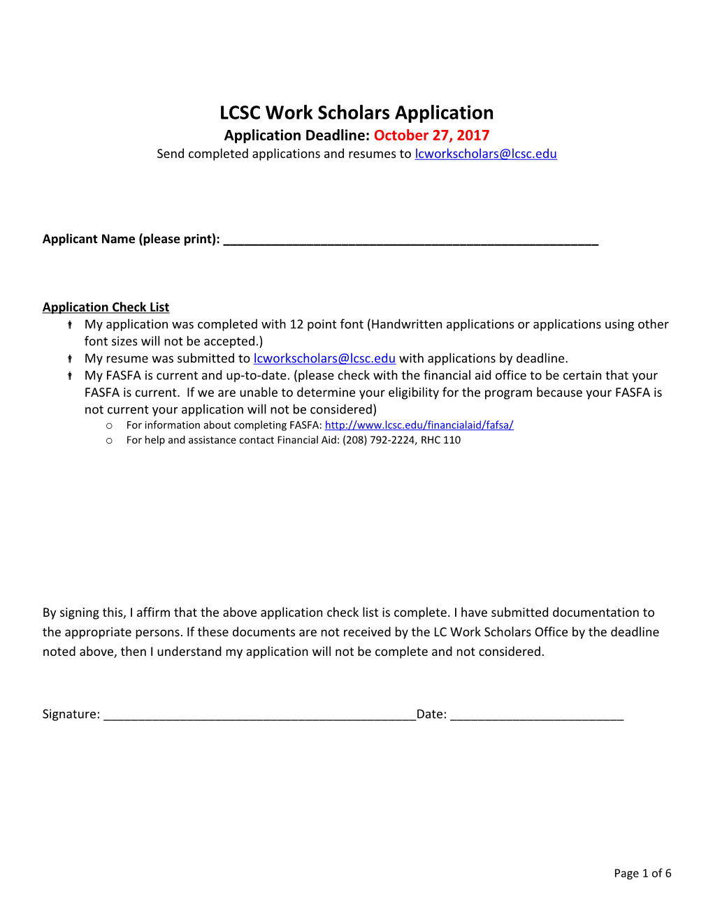 LCSC Work Scholars Application