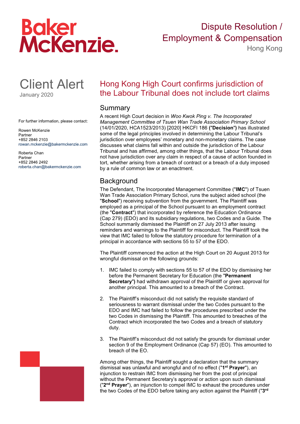 Client Alert Hong Kong High Court Confirms Jurisdiction of January 2020 the Labour Tribunal Does Not Include Tort Claims