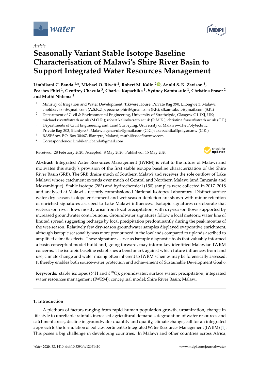 Seasonally Variant Stable Isotope Baseline Characterisation of Malawi’S Shire River Basin to Support Integrated Water Resources Management