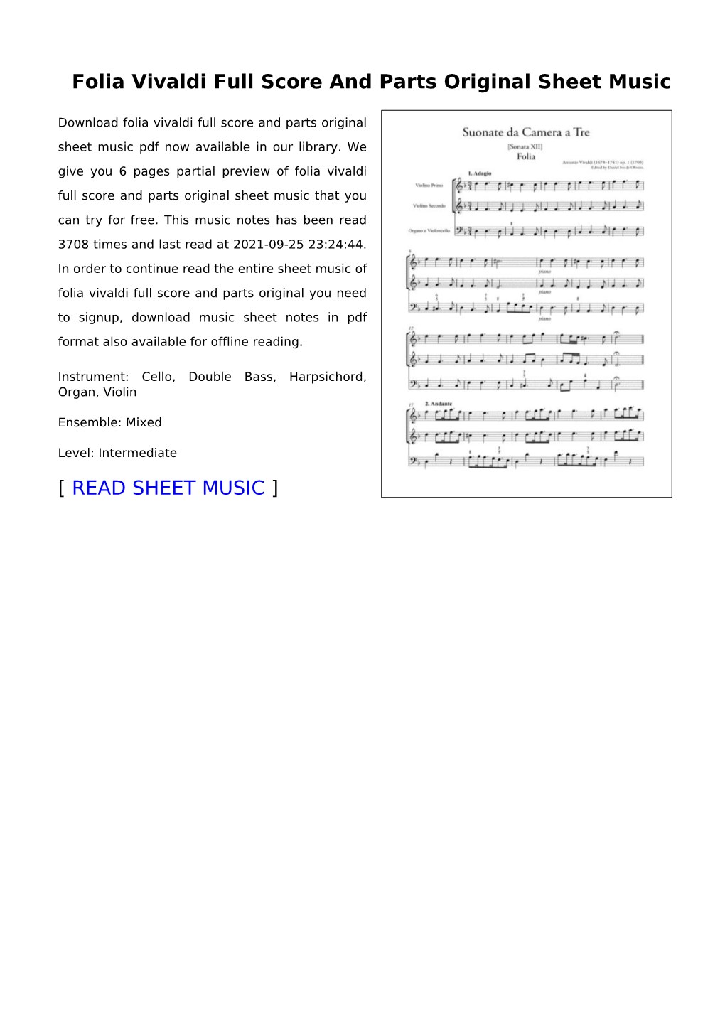 Folia Vivaldi Full Score and Parts Original Sheet Music