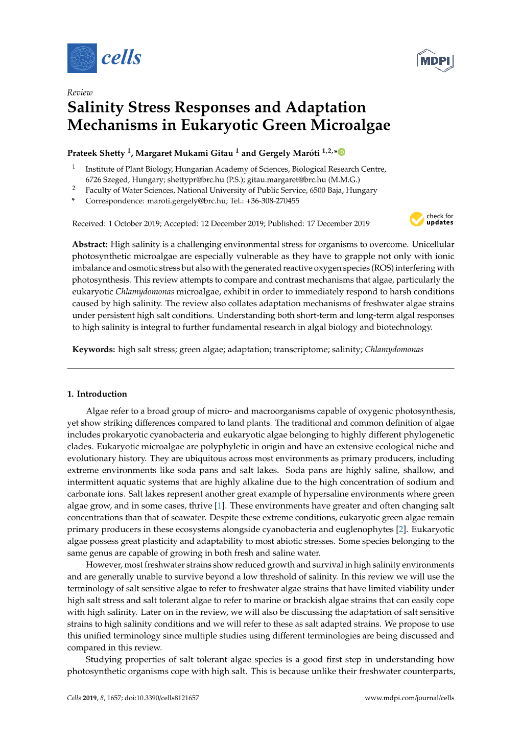 Salinity Stress Responses and Adaptation Mechanisms in Eukaryotic Green Microalgae