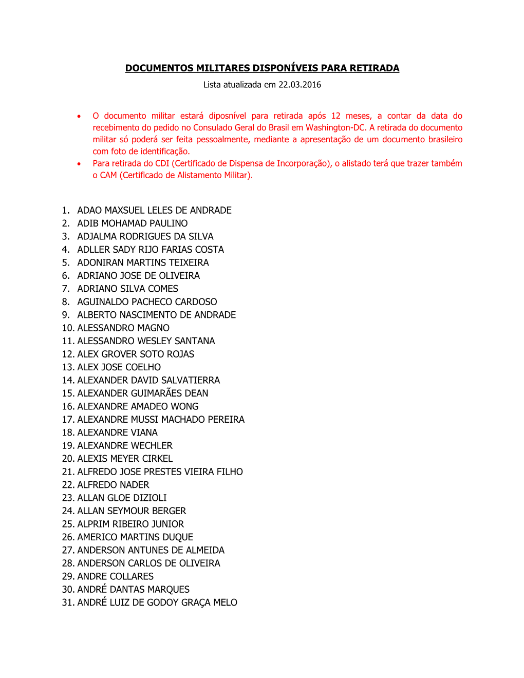 DOCUMENTOS MILITARES DISPONÍVEIS PARA RETIRADA Lista Atualizada Em 22.03.2016