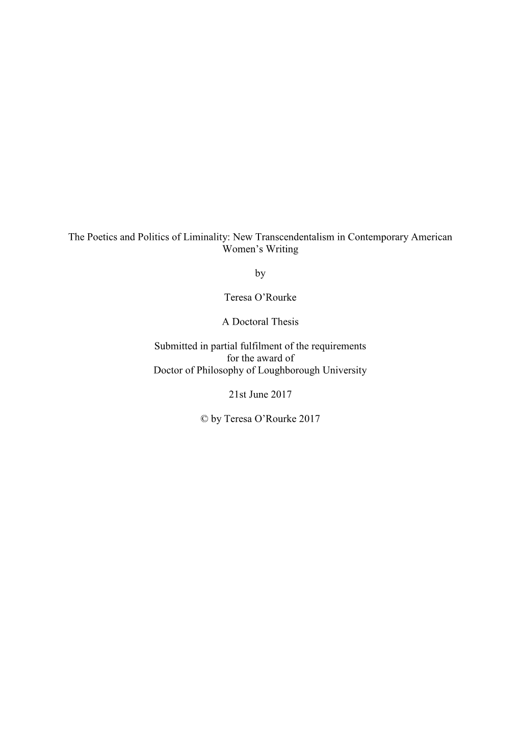 The Poetics and Politics of Liminality: New Transcendentalism in Contemporary American Women’S Writing