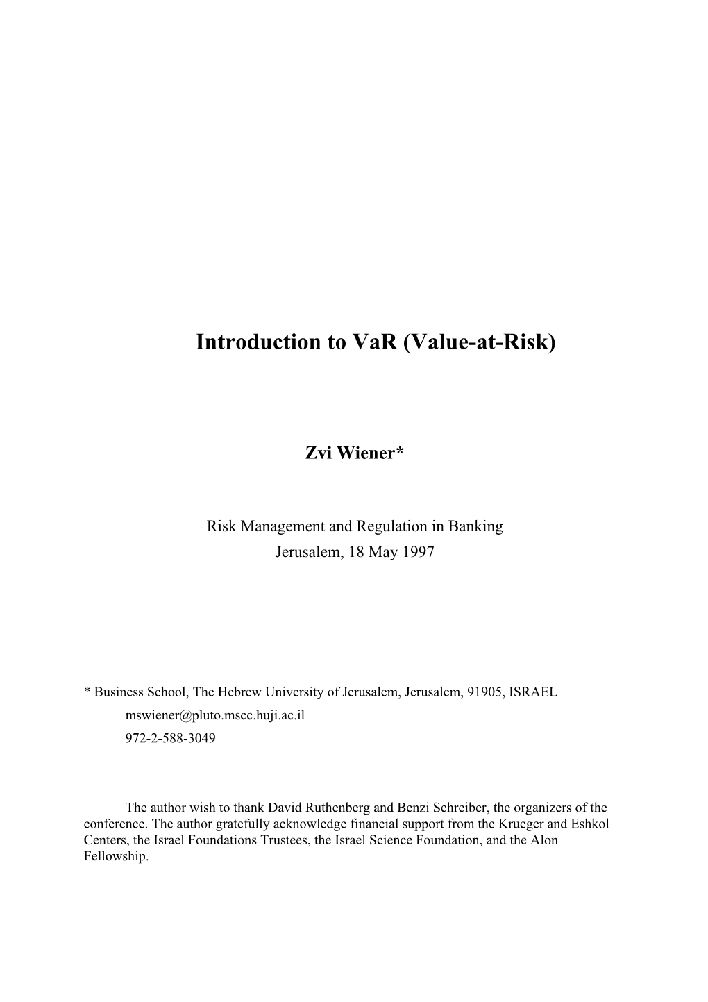Introduction to Var (Value-At-Risk)